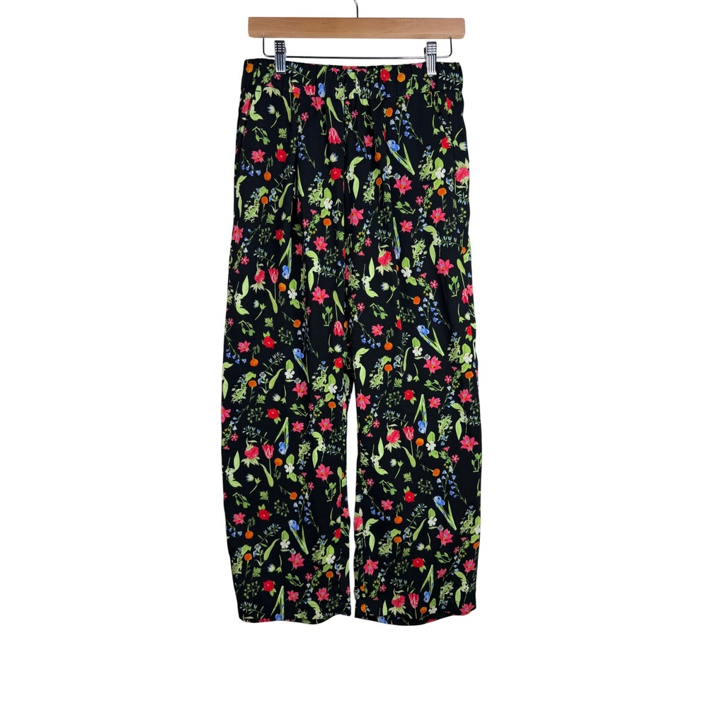 Loft Floral Print Wide Leg Elastic Waist Pants size Small Petite Black/Red/Green